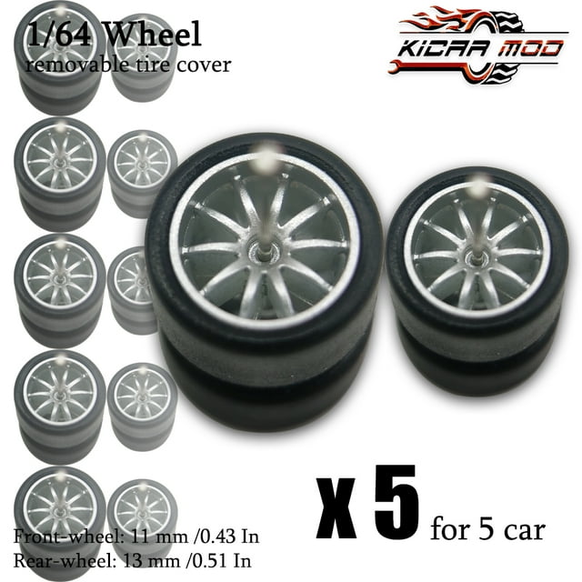 1/64 Front Small Rear Big Wheels with Detachable Slick Rubber Tires for Model Cars Refiting Parts for Hotwheels (5 Sets) RLCBS004
