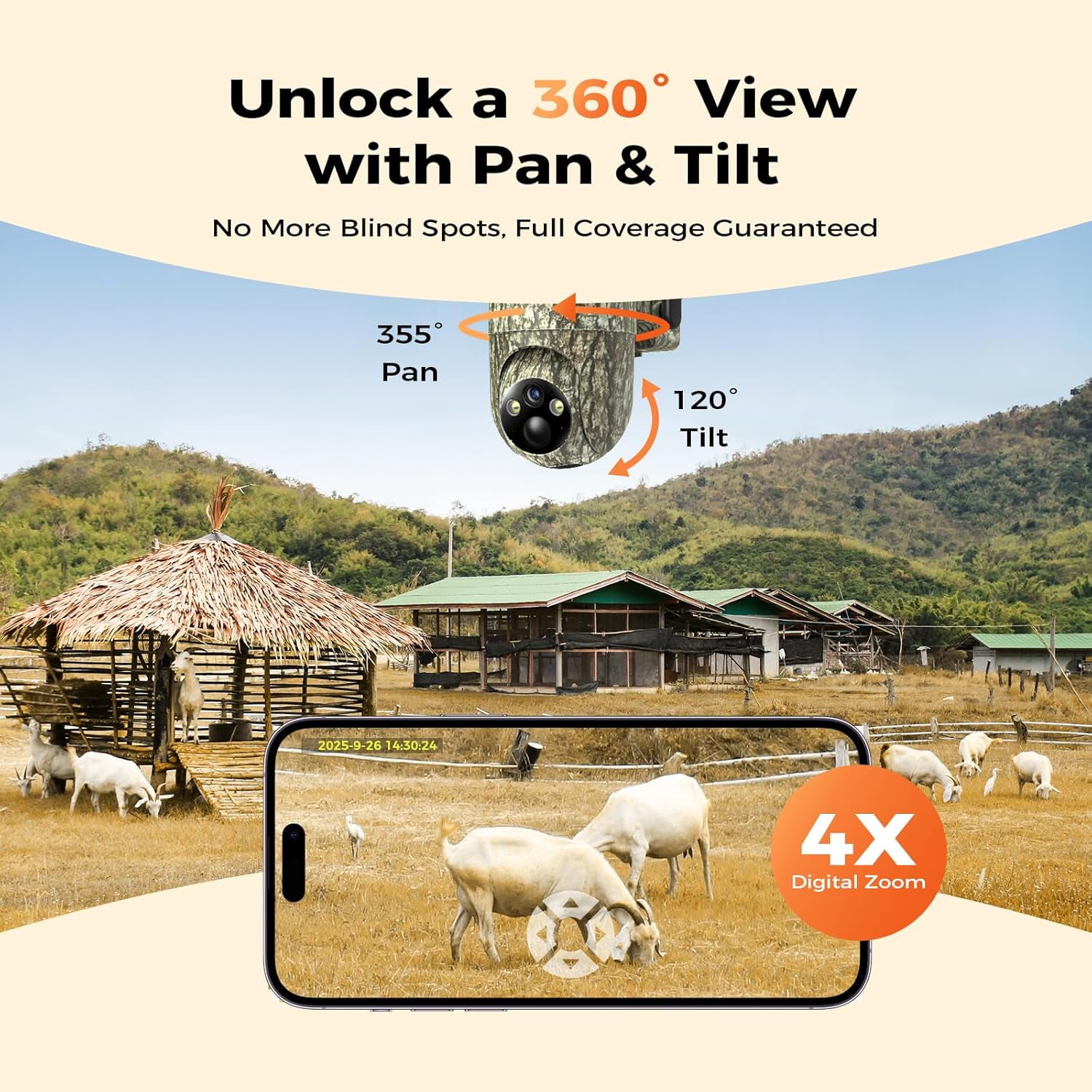 TKENPRO 4G LTE Cellular Trail Cameras, 360° View Live Streaming Game Camera Built-in SIM Card with PIR Motion Activated, 2K Night Vision, No WiFi Needed IP65 Solar Security Camera Camo Print-2 Pack