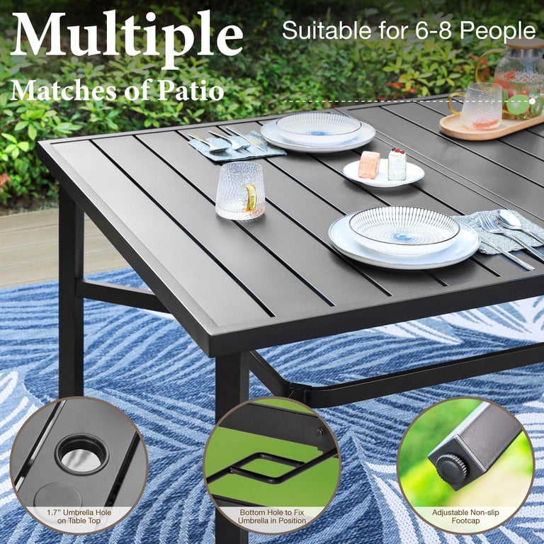 large patio table with umbrella hole MFSTUDIO Square Outdoor for 8, Black Metal Table w/Umbrella while the stackable chairs allow for convenient storage when not in use 5pc Outdoor Dining Set with