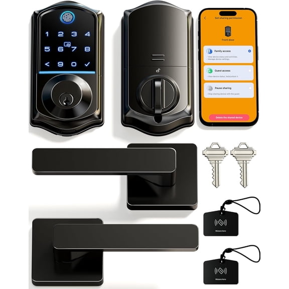 Veise VE017-B Fingerprint Smart Lock with 2 Lever Handles Set, Matte Black | App Control, Fob, Touchscreen, Remote Access Sharing, Electronic Keypad, 8-in-1 Keyless Entry Deadbolt for Front Door