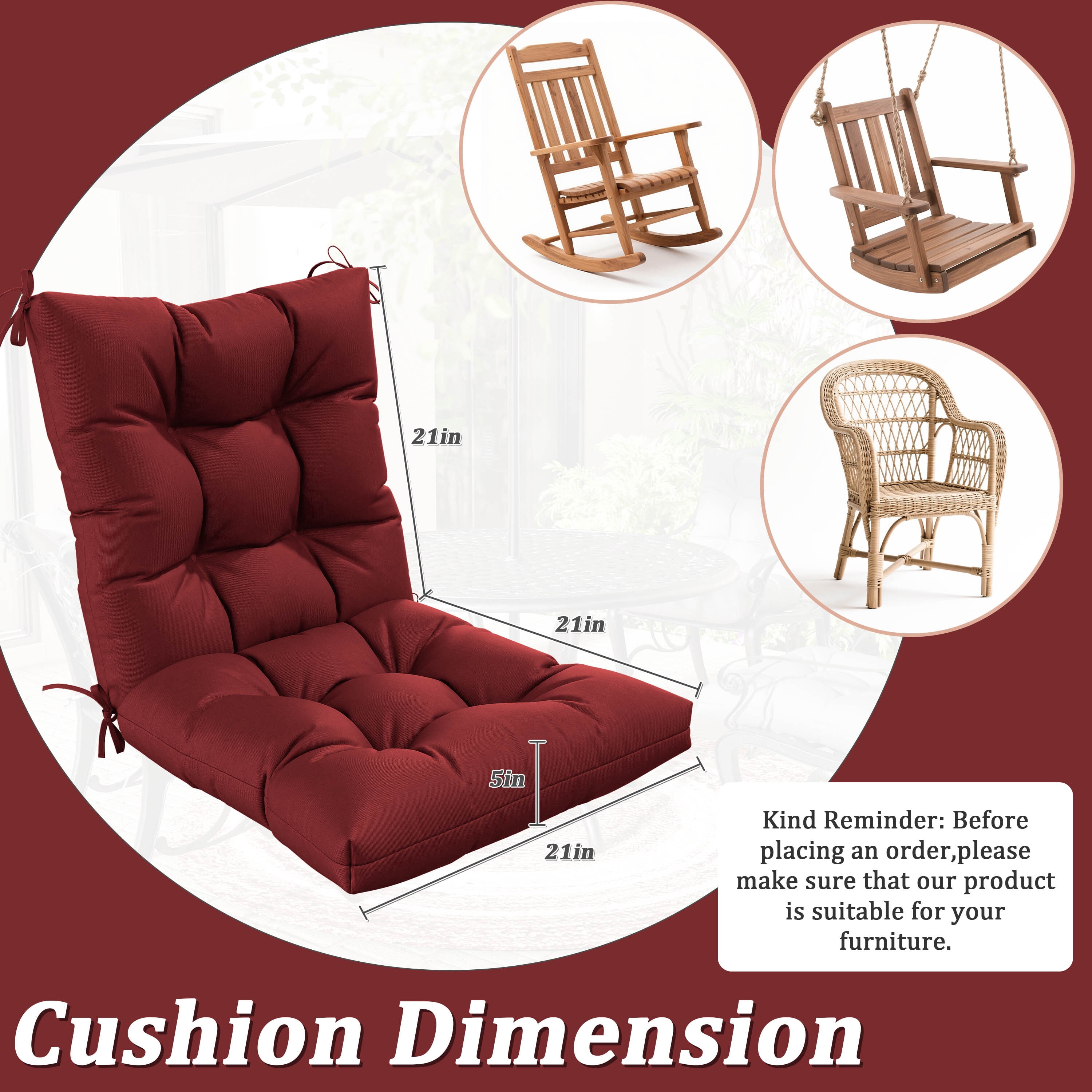 Pakunoda Chairs Cushions 42" X 21" Tufted Non Slip Pad Seat and Seatback 4 Set Cushion with Ties for Patio Outdoor & Indoor Rocking Chair, Burgundy