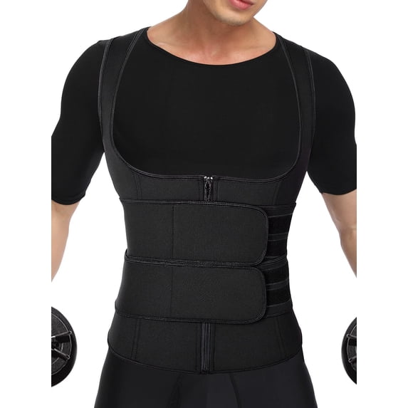 Men Neoprene Sauna Zipper Underbust Waist Trainer for Tummy Control Sweat Vest Workout Body Shaper with 2 Belts