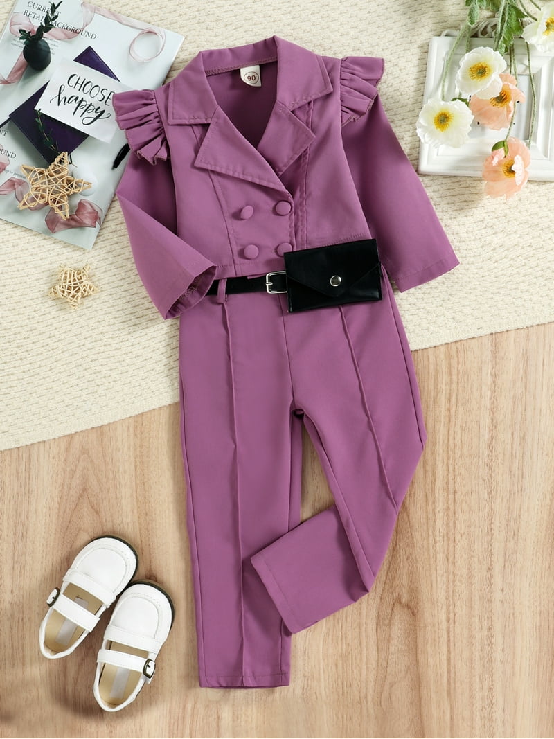 Girl Coat With Trousers Girl Solid Long Sleeve Lapel Button Coat