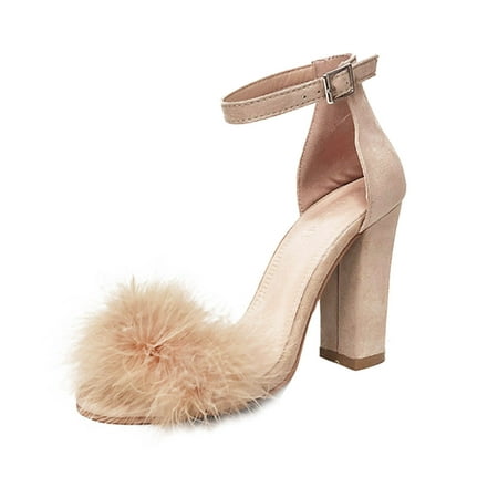 

Women s Sandals Pumps Chuncy Fashion Buckle Strap Fluff Thick Heel High Heels Shoes Beige 42