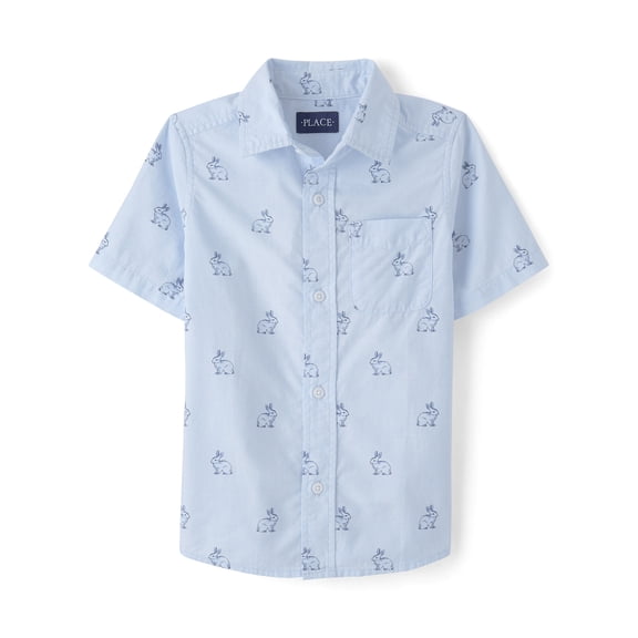 The Children's Place Boys Short Sleeve Printed Poplin Button Up Shirt, Sizes XS-XXL