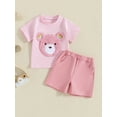 thumbnail image 2 of Nygoyerh Toddler Baby Girls Summer Cute Outfits Short Sleeve Fuzzy Bear Embroidery Tops with Elastic Waist Shorts 2Pcs Infant Shorts Sets for Casual Daily 0-3 Years, 2 of 9