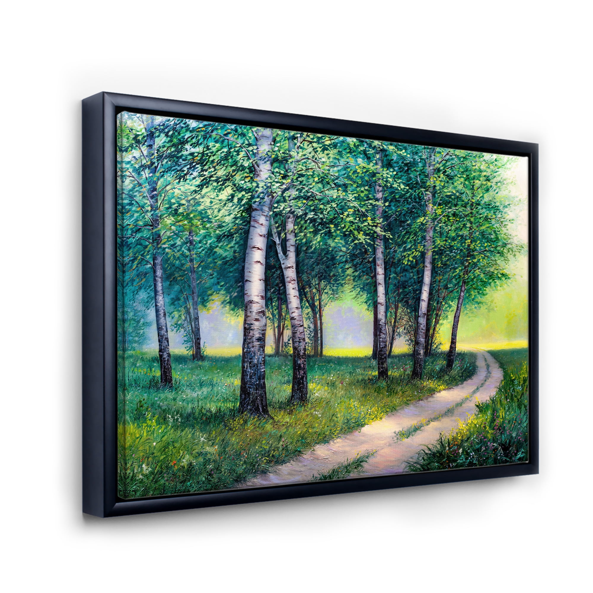 Summer Forest Path By The Birches 20 in x 12 in Framed Painting Canvas Art Print, by Designart