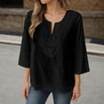 thumbnail image 3 of 3/4 Length Sleeve Womens Tops 2026 Spring Summer Cotton Linen V Neck Lace Oversized Boho T Shirts Blouse, 3 of 6