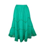 Mogul Women's Skirt Forest Green Zig Zag Lace Work Flared A-Line Gypsy Hippie Chic Long Skirts S/M