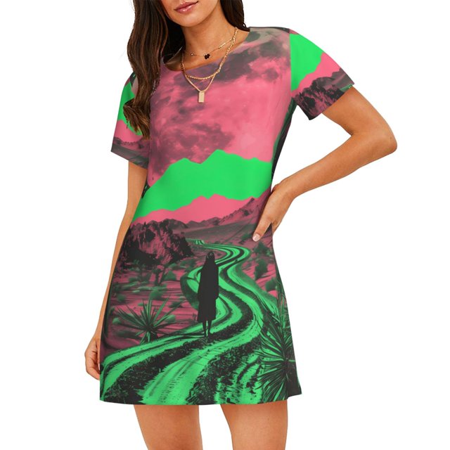 Disketp Neon Desert Moon para Camisón Corto de Manga Corta para Mujeres, Camisón Cómodo con Escote Redondo, Bonito y Confortable