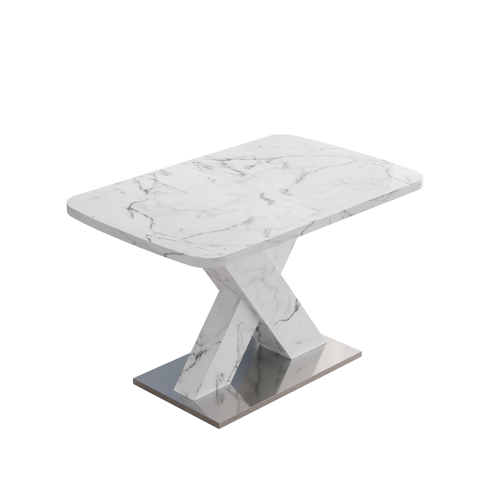 Stretchable Dining Table, Modern Square Dining Table, white Marble Table Top+MDF X-Shape Table Leg with Metal Base