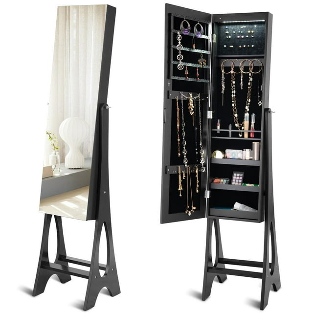 Giantex Standing Jewelry Armoire with Full Length Mirror and 12 LED Lights, Black