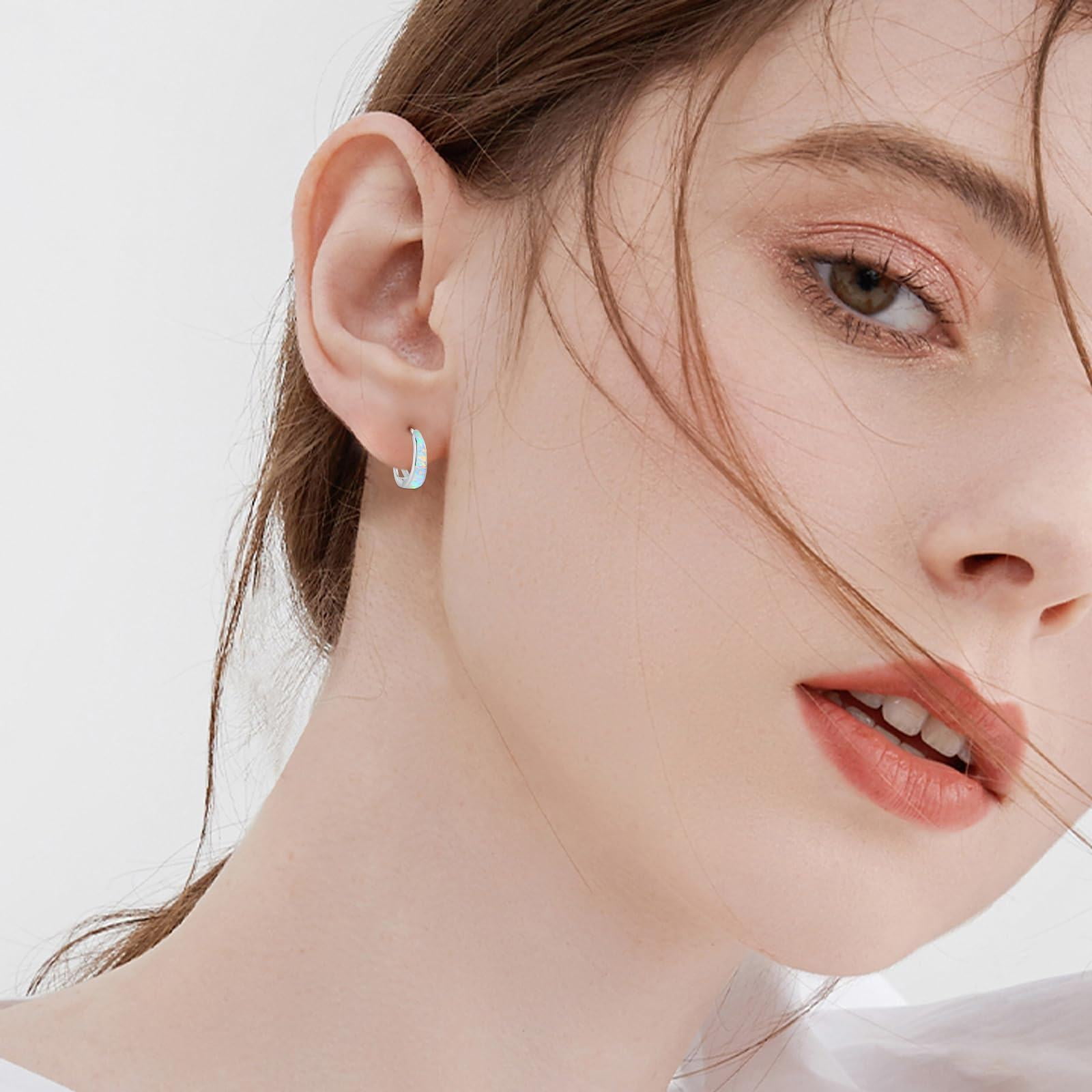 Coachuhhar Opal Earrings for Women 925 Sterling Silver White Opal Hoop Huggie Earrings Hypoallergenic Cartilage Hoops Earrings Opal Jewelry for Mother's Day