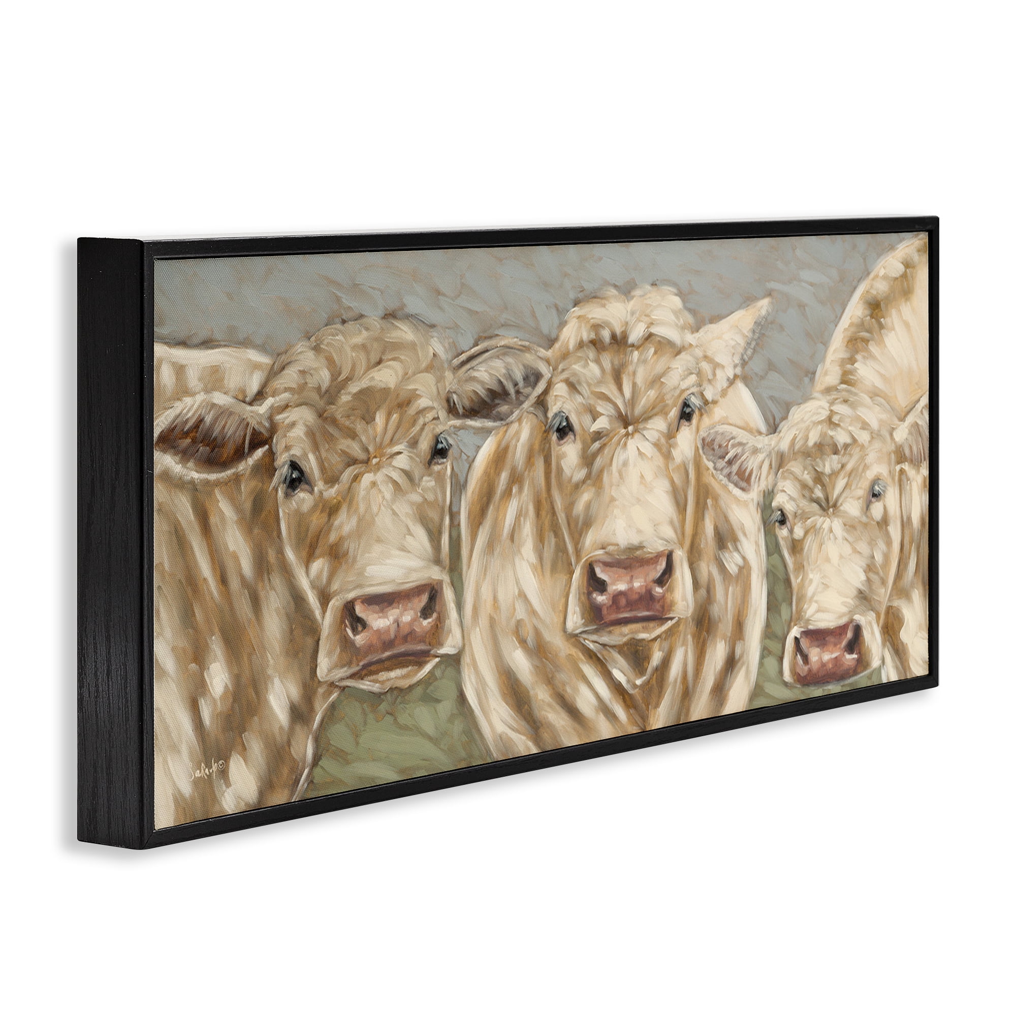 Stupell Industries Beige Cow Trio Animals & Insects Painting Black Framed Art Print Wall Art, 30 x 13