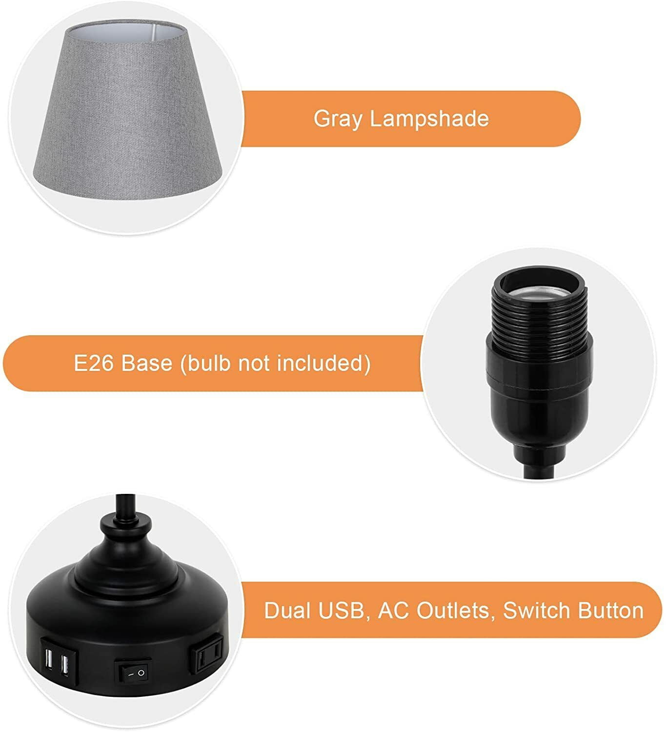 Set of 2 USB Table Lamps for Nightstand with Grey Lamp Shade Bedroom Nightstand