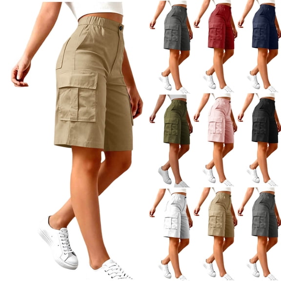 FengLS Cargo Shorts for Women Elastic High Waist with Button Short Pants Casual Solid-Color Pockets Shorts Outdoor Vacation Shorts
