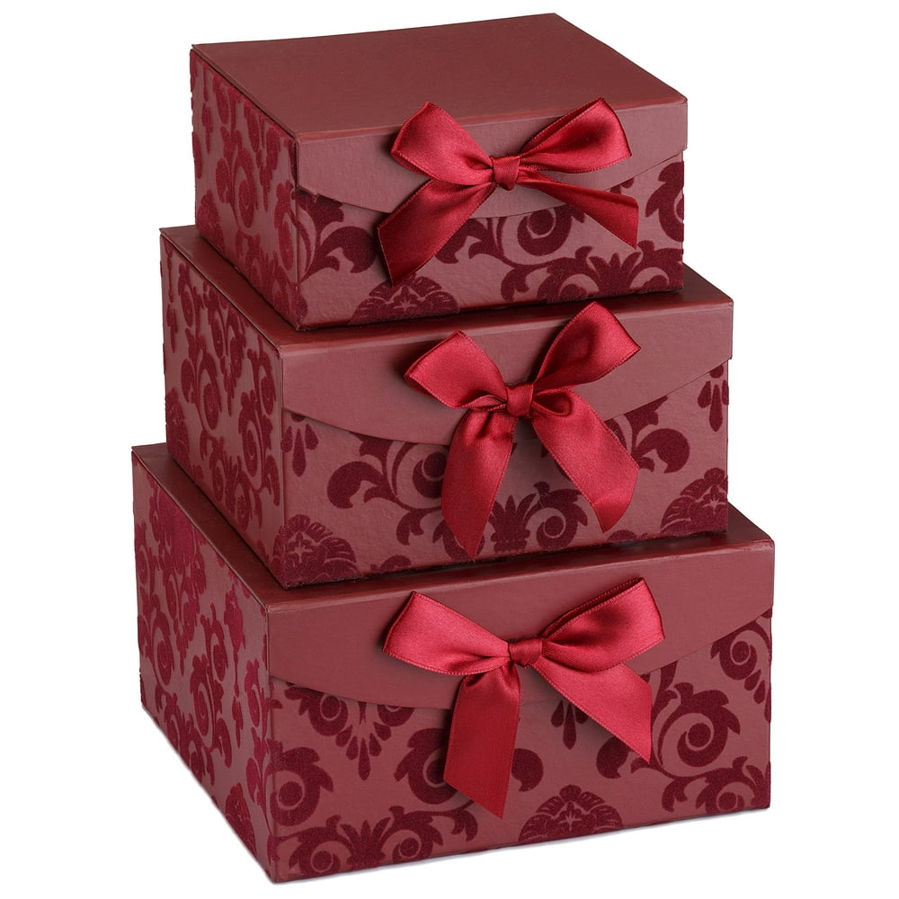 Red Swirl Nesting Elegant Christmas Gift Boxes, Set of 3, With Bows