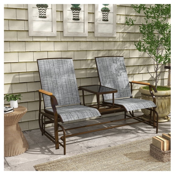 Outdoor Glider Bench 2 Person, Patio Loveseat Swing Chair with Table, Steel Frame, Gray