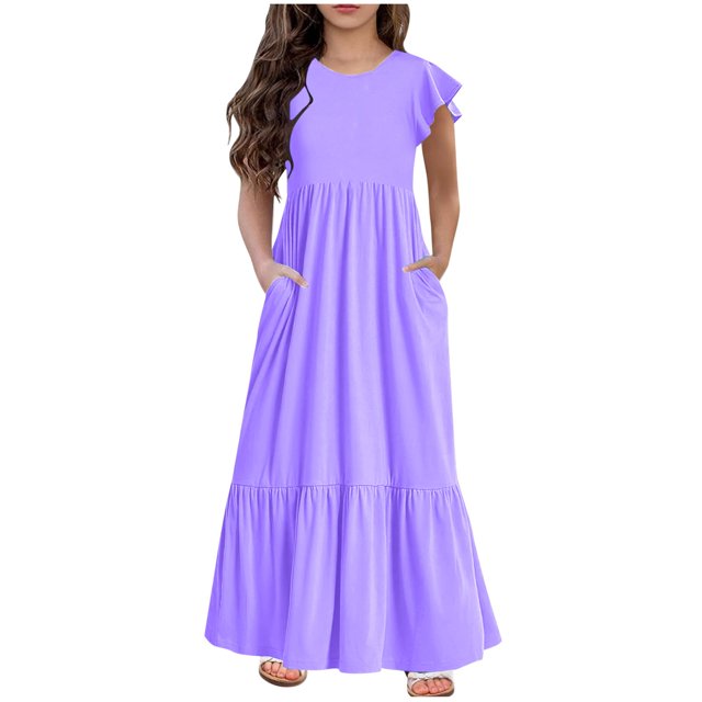 Bwiyojiz Tailles Mode 130-160 Robe d'Été pour Filles à Manches Courtes, Col Rond, Couleur Unie, Violet