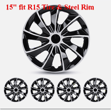 Set of 4 Universal 15" Snap-On Wheel Covers | Full Hub Caps for R15 Tires & Steel Rims | Durable Car Wheel Hubcaps.