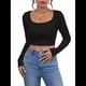 thumbnail image 3 of Tops Cortos de Larga para Mujer, con Cuello Cuadrado Acanalado, Ajustados, Informales, A para Dama Negro L, 3 of 7