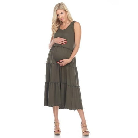 

MTRPS315-02-3X Olive Maternity Plus Size Scoop Neck Teired Midi Dress 3X