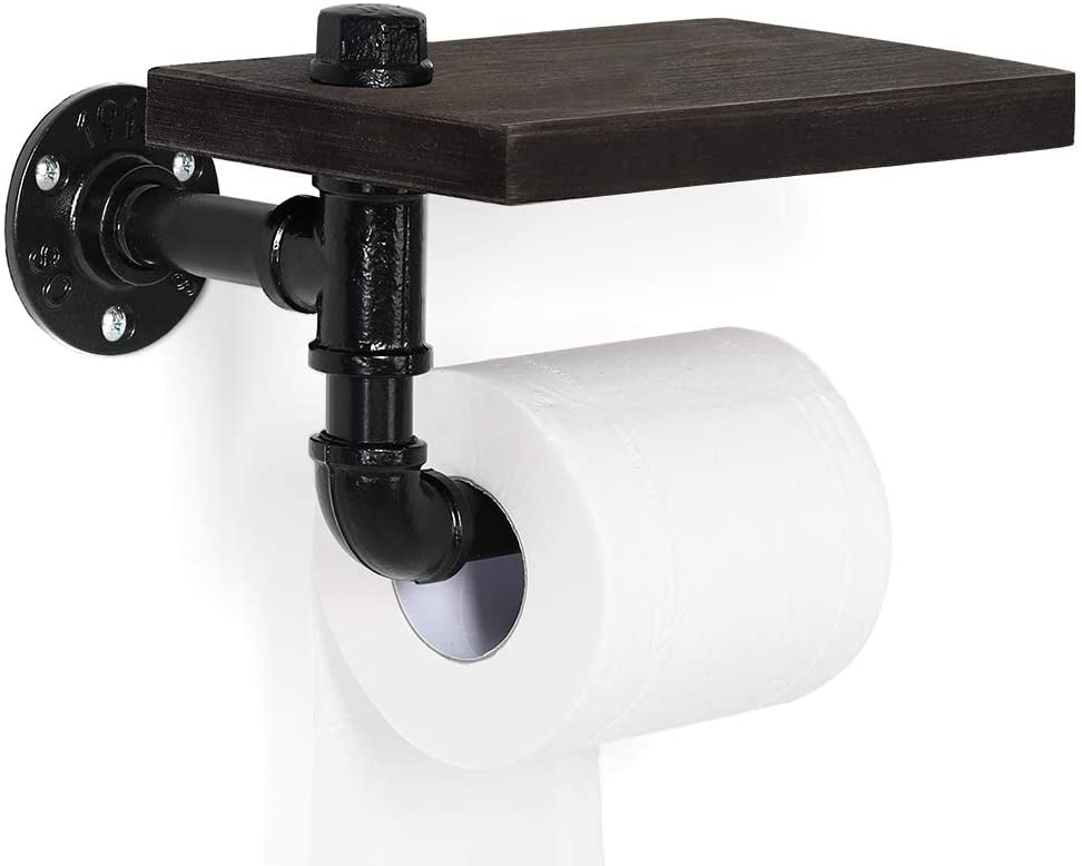 bathroom décor toilet paper holder Black Iron Pipe Industrial Toilet Paper Holder industrial décor wood wall hanging TP holder 