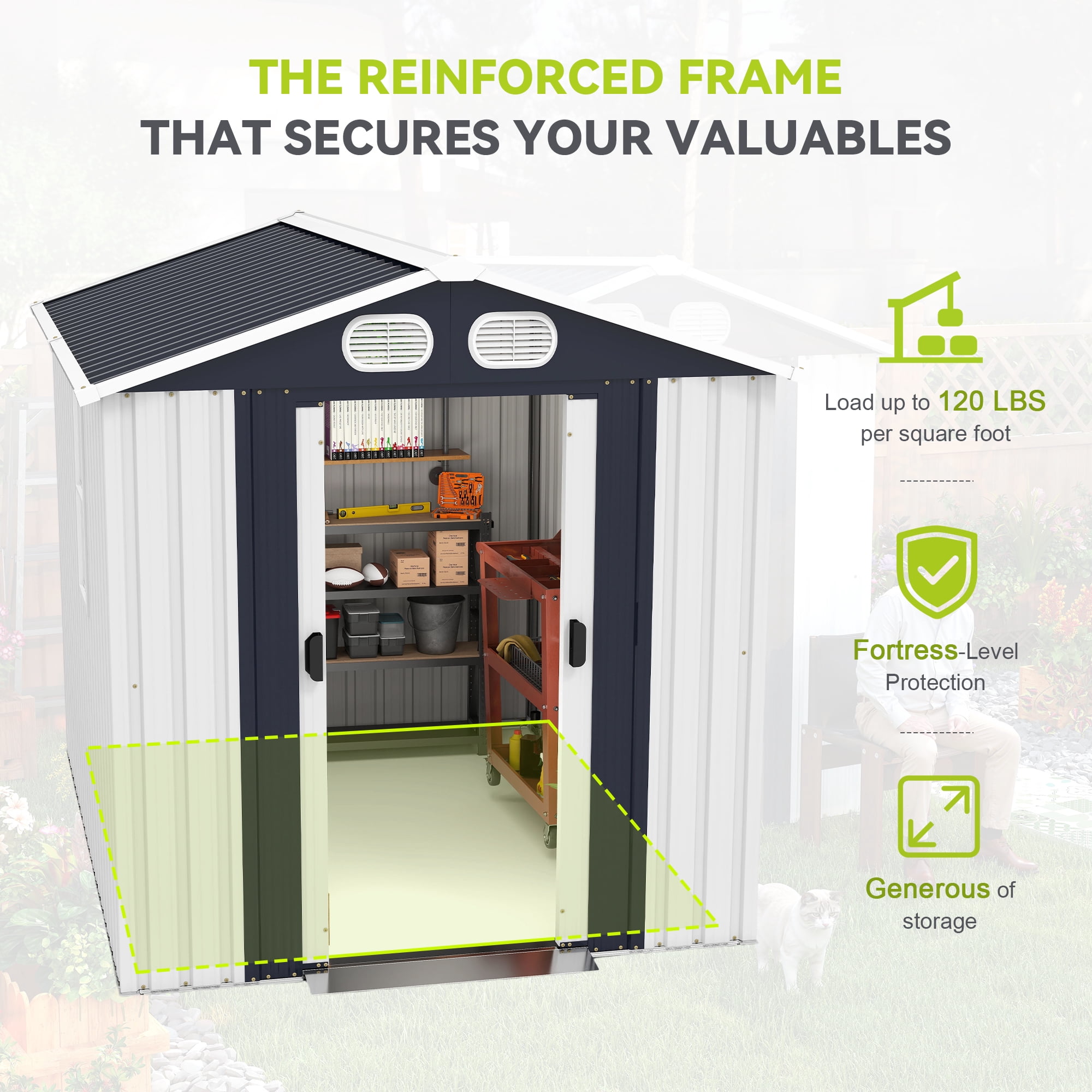 8x6FT Outdoor Storage Shed, All-Weather Metal Garden Tool Shed with Lockable Doors, Air Vents, Clear Window for Backyard Garden Patio