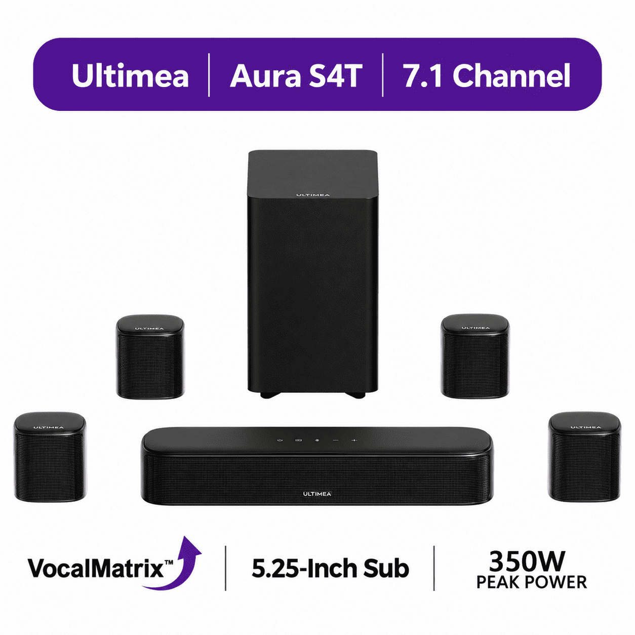 ULTIMEA 7.1ch Surround Sound Bar, Virtual Surround Sound System, 350W Sound bar for TV with 5.25" Subwoofer and Rear Speakers, 3D Surround and Bass Adjustable, Aura S4T