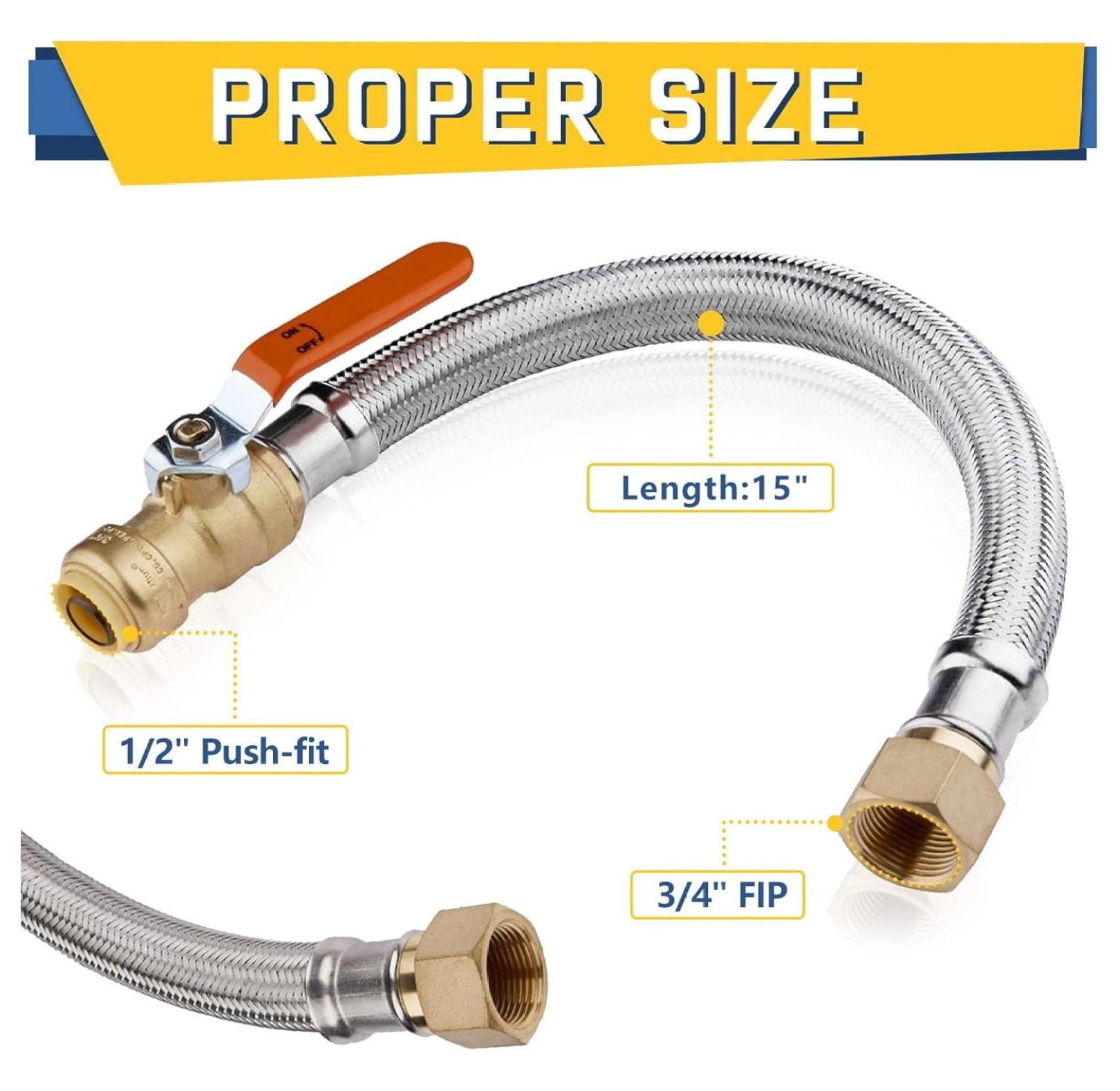 5-Pack Stainless Steel Braided Flexible Water Heater Connector,1/2 Inch Push-fit x 3/4 Inch FIP,15-Inch Length Hose(HOSE036-5Pack)