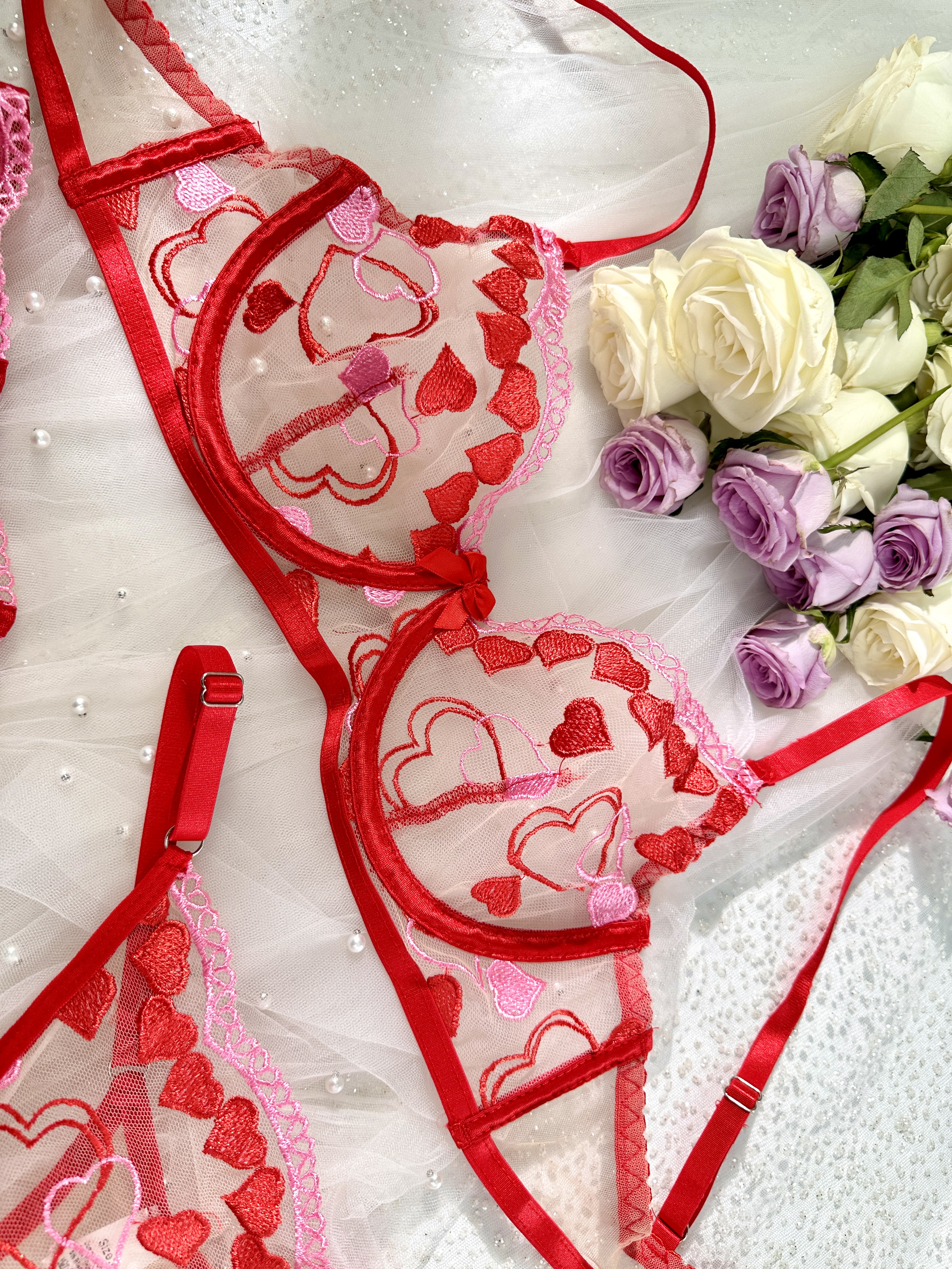 Amour Heart 3 Piece Lingerie Set (PINK, L)