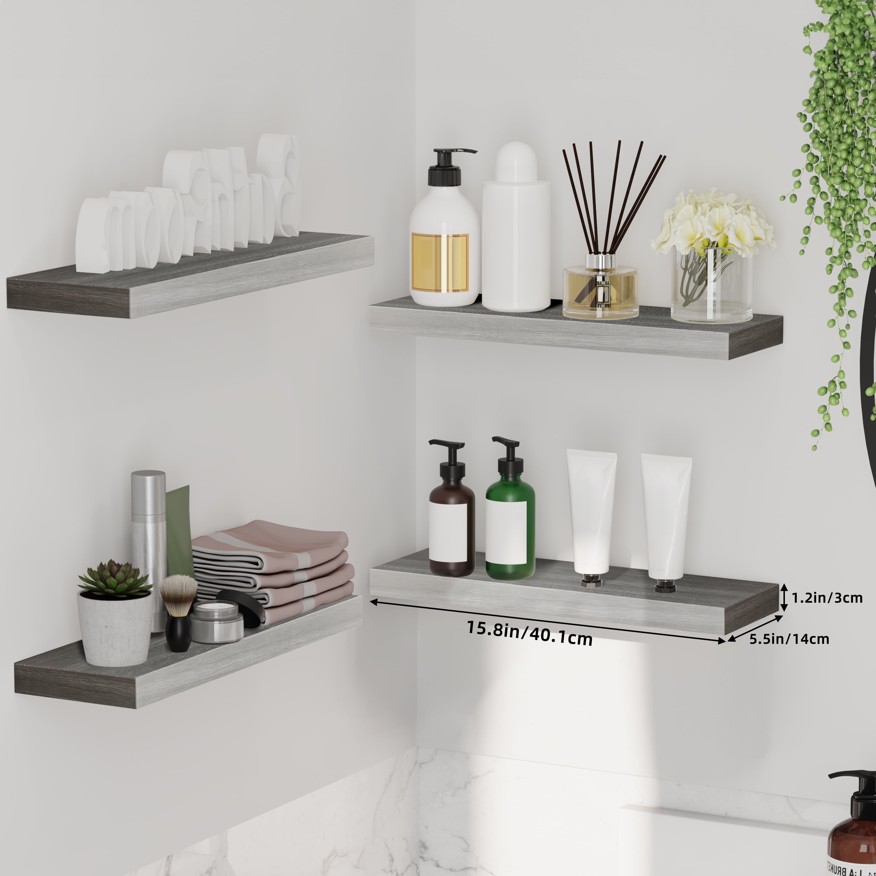 Fairy 15.8in Floating Shelves, Wall Shelves Set of 4, Shelves for Wall Decor, with Invisible Brackets, 15.8x1.2x5.5, Gray