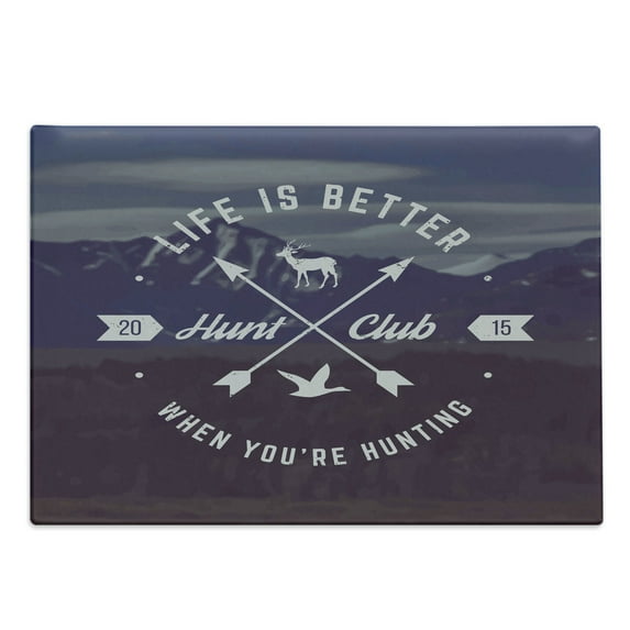 Hunting Cutting Board, Grunge Retro Hunt Club Emblem with Arrows Motivating Words Mountains Backdrop, Decorative Tempered Glass Cutting and Serving Board, Large Size, Brown Blue White, by Ambesonne