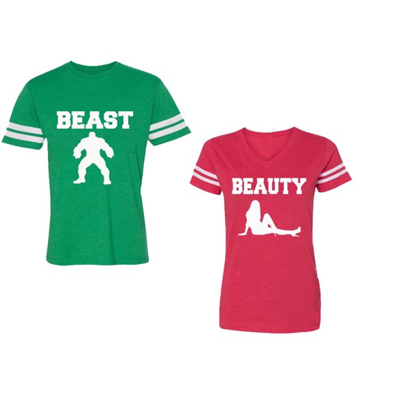 Beast Beauty Unisex Couple Matching Cotton Jersey style T-Shirt Contrasting stripes on sleeves (Men Green / Women Red) (Men XXL / Women XL)