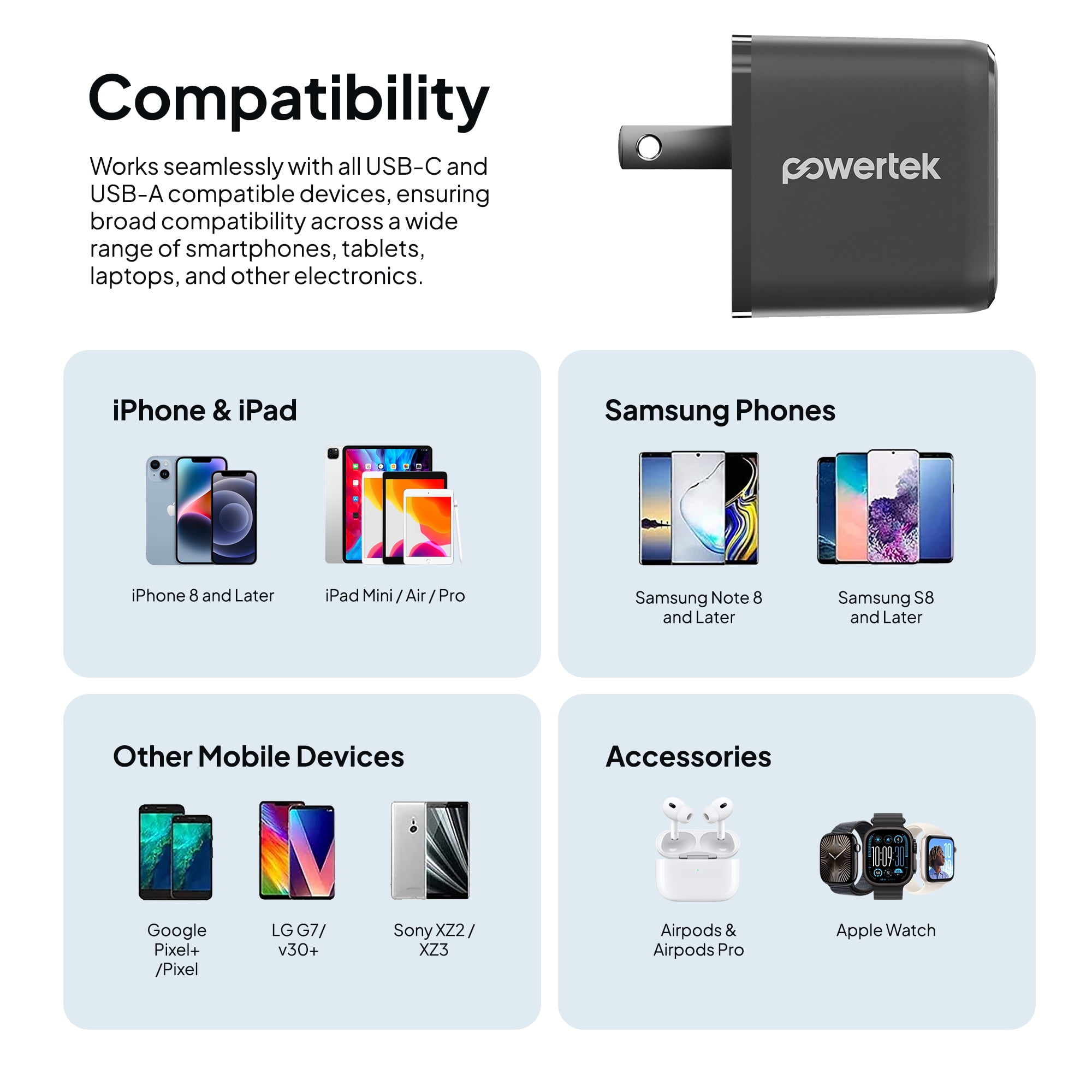 Powertek 20W USB-C PD + 18W USB-A Dual Port Wall Charger, Two-Tone Pastel, Grey