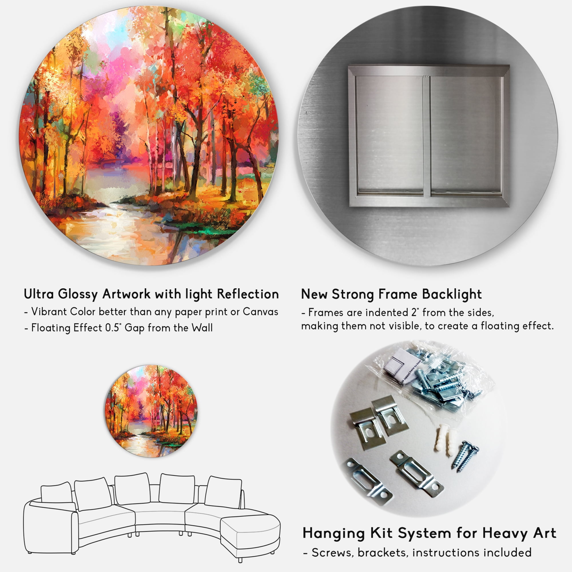 Designart 'The Lake In Autumn By Colorful Autumn Trees' Modern Circle Metal Wall Art 29x29 - Disc of 29