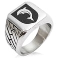 thumbnail image 1 of Stainless Steel Dolphin Diligence Coat of Arms Shield Geometric Pattern Biker Style Polished Ring, 1 of 1
