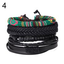 Ayyufe Pack Of 4 Vintage Men Mixed Braided Leather Beaded Bracelet Bangle