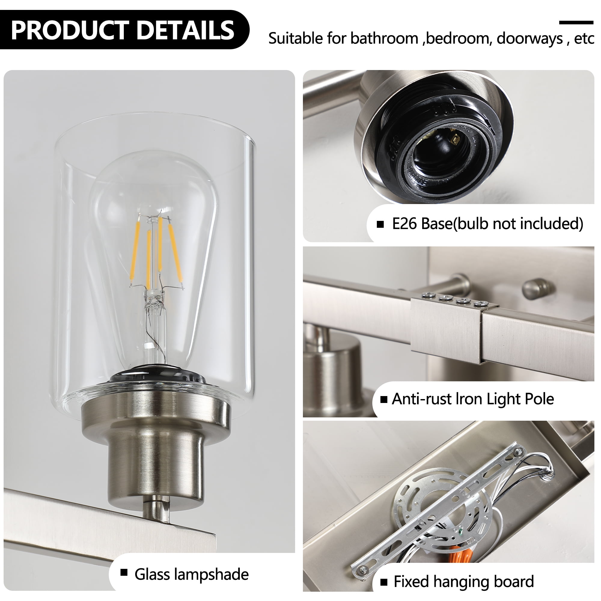 8 Light Brushed Nickel Modern 51.2in Bathroom Vanity Light with Clear Glass Shade, Bathroom Lighting Fixtures Over Mirror