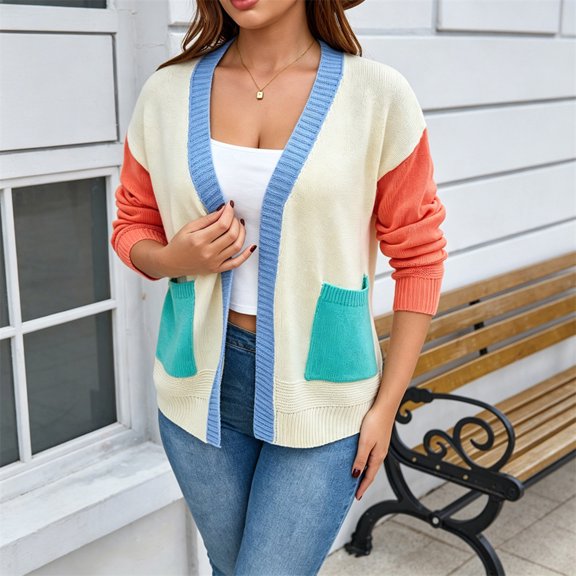 Ayolanni Knit Cardigan for Women Long Sleeve Cropped Beige Cardigan Color Block Sweaters V-Neck Cardigan with Pockets L