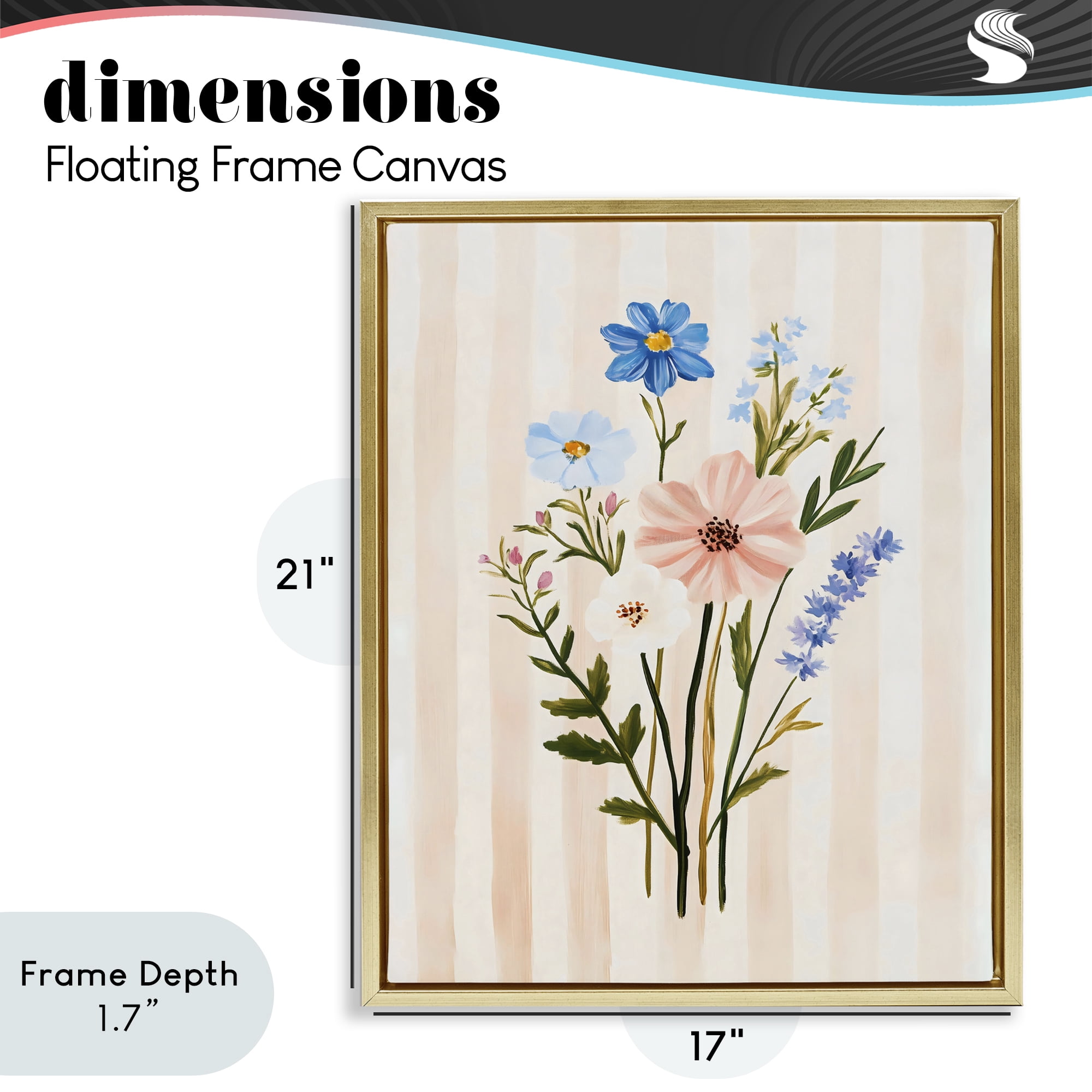 Stupell Industries Cream Stripe Florals Gold Framed Floater Canvas Wall Art, design by The Prints Vibe