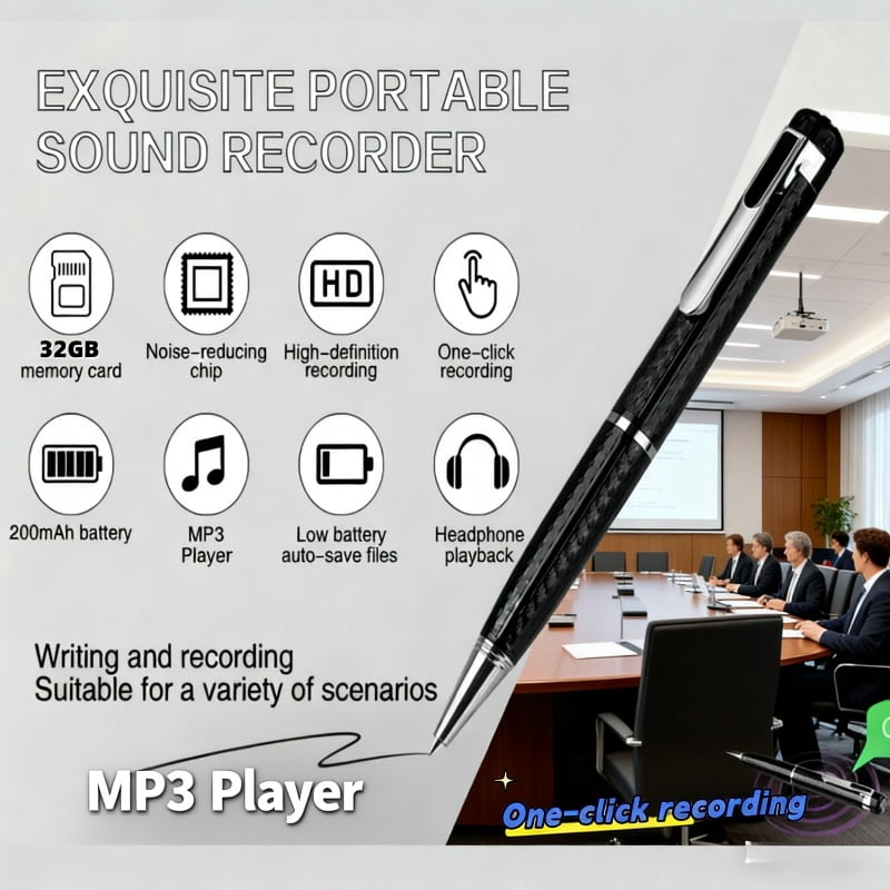 Professional Noise-Canceling Digital Voice Recorder - 32GB MP3 Player, Voice Control, One-Touch Recording for Students & Journalists