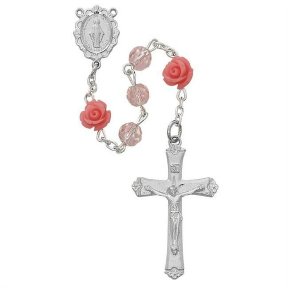 McVan R585RF 6 mm Roses Glass Cross Rosary Set - Pink