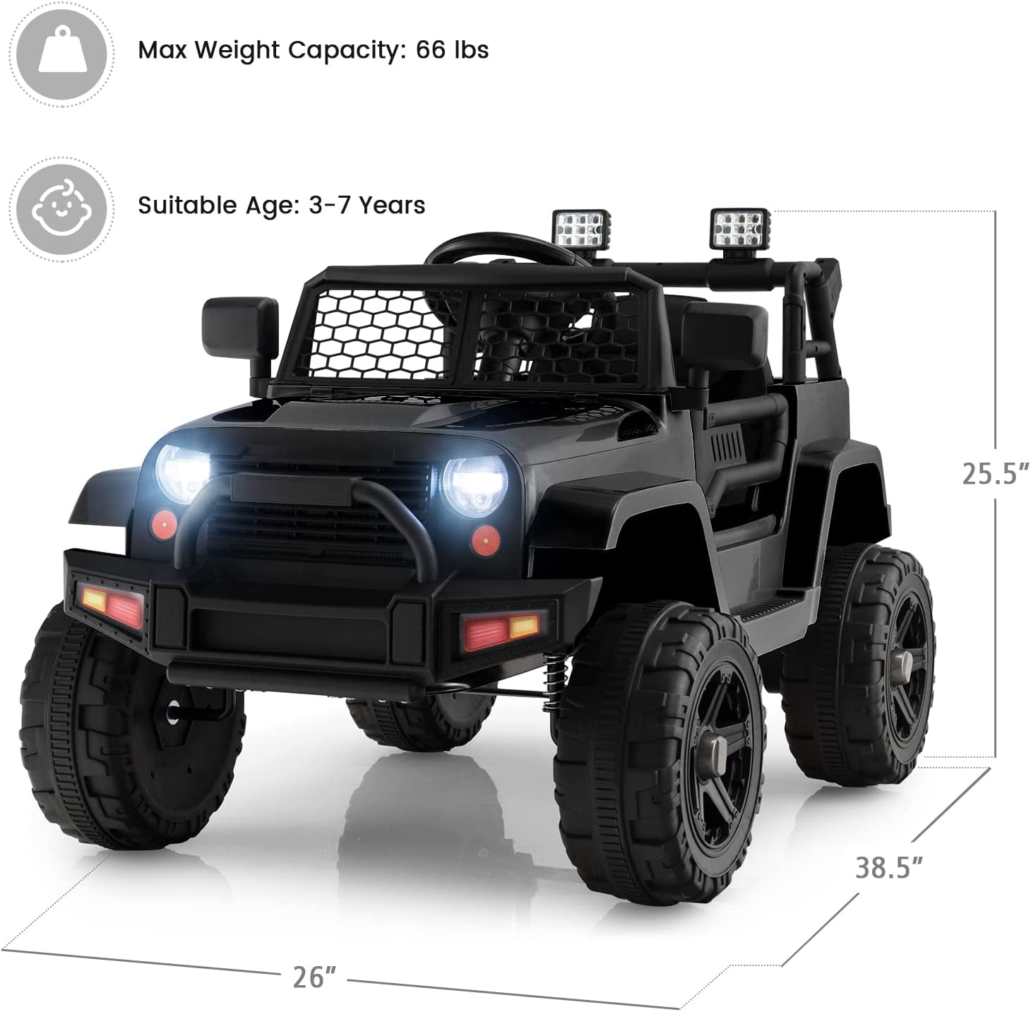 OLAKIDS Kids Ride On Truck, 12V Electric Vehicle Jeep Car with Remote Control, Toddlers Battery Powered Toy with 2 Speeds, Spring Suspension, Double Open Doors, LED Lights, Music, USB, Mp3 (Black)