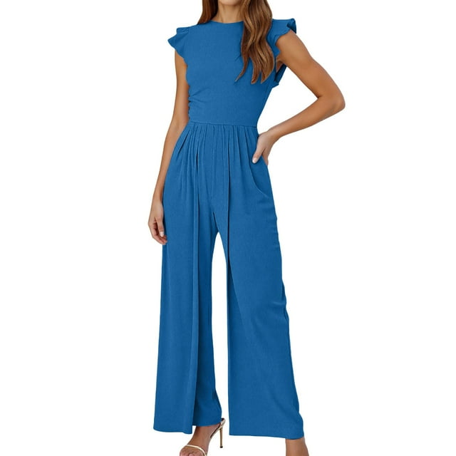TrendOFT Womens Jumpsuits Dressy Summer Casual Knit Ruffle Cap Sleeve Solid Sleevelss Crew Neck Rib Womens Rompers One Piece Overalls Blue L