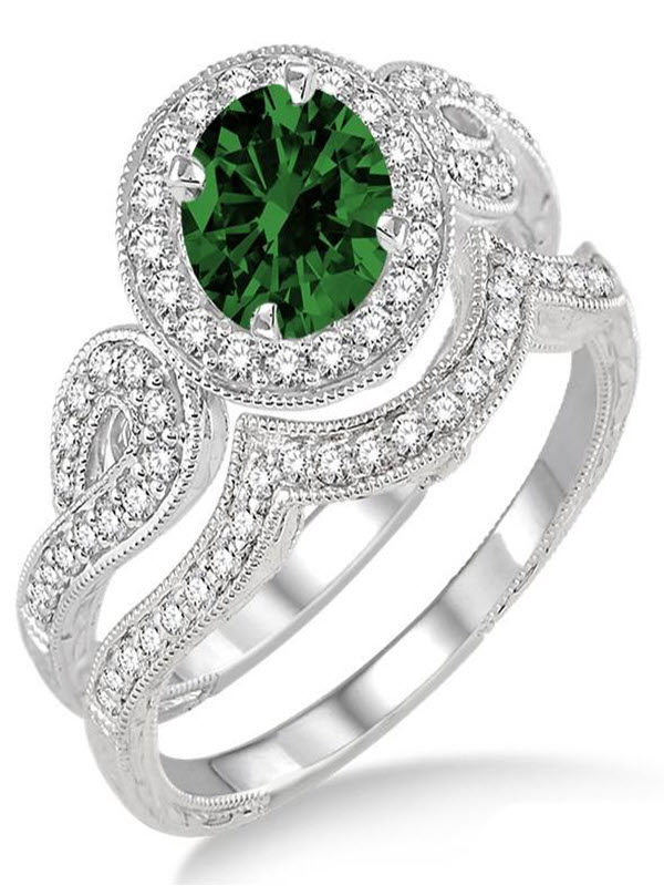 Details about  / Round Cut Green Emerald 3 Piece Bridal Wedding Ring Set White Gold Promise Rings