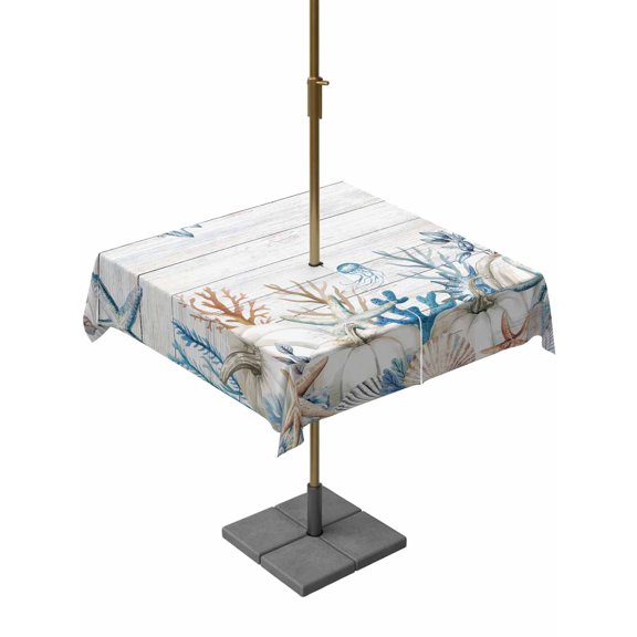 Outdoor Tablecloth with Umbrella Hole and Zipper, Coastal Fall Square Table Cloth 54x54 Inch Waterproof Tablecloth, White Pumpkin Thanksgiving Coral Starfish Picnic Table Cover for Patio Camping