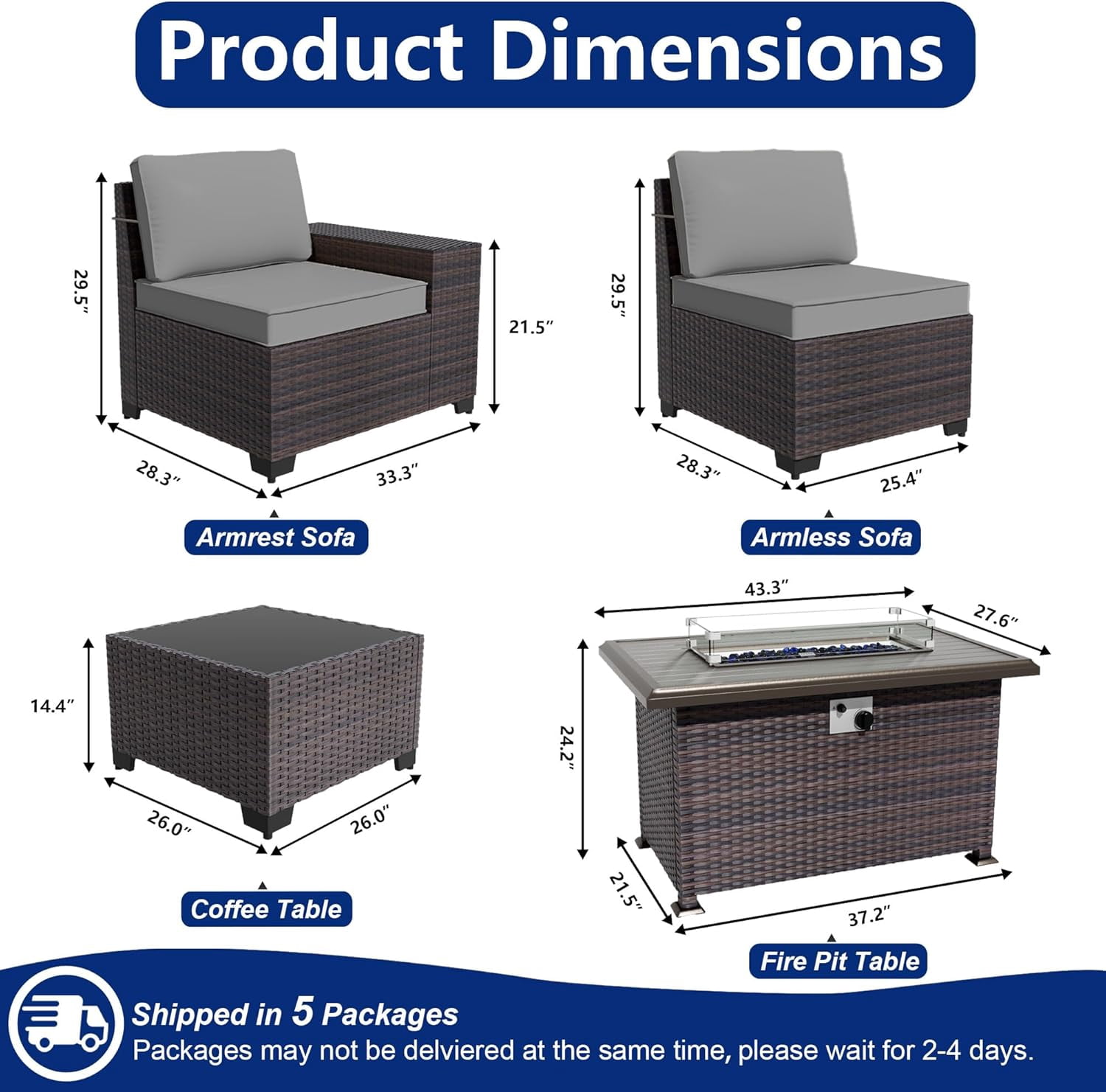 ASJMR 7 Pieces Wicker Patio Furniture Set With Gas Fire Pit Table,Outdoor Rattan Sectional Sofa Conversation Set With Cushions & Coffee Table,Gray