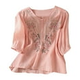 thumbnail image 2 of 3/4 Sleeve Cotton Linen Shirts for Women 2026 Summer Retro Embroidered Boho Tops Dressy Casual Trendy Vacation Blouse Summer Casual Tops Loose Fit Pink 3Xl, 2 of 5