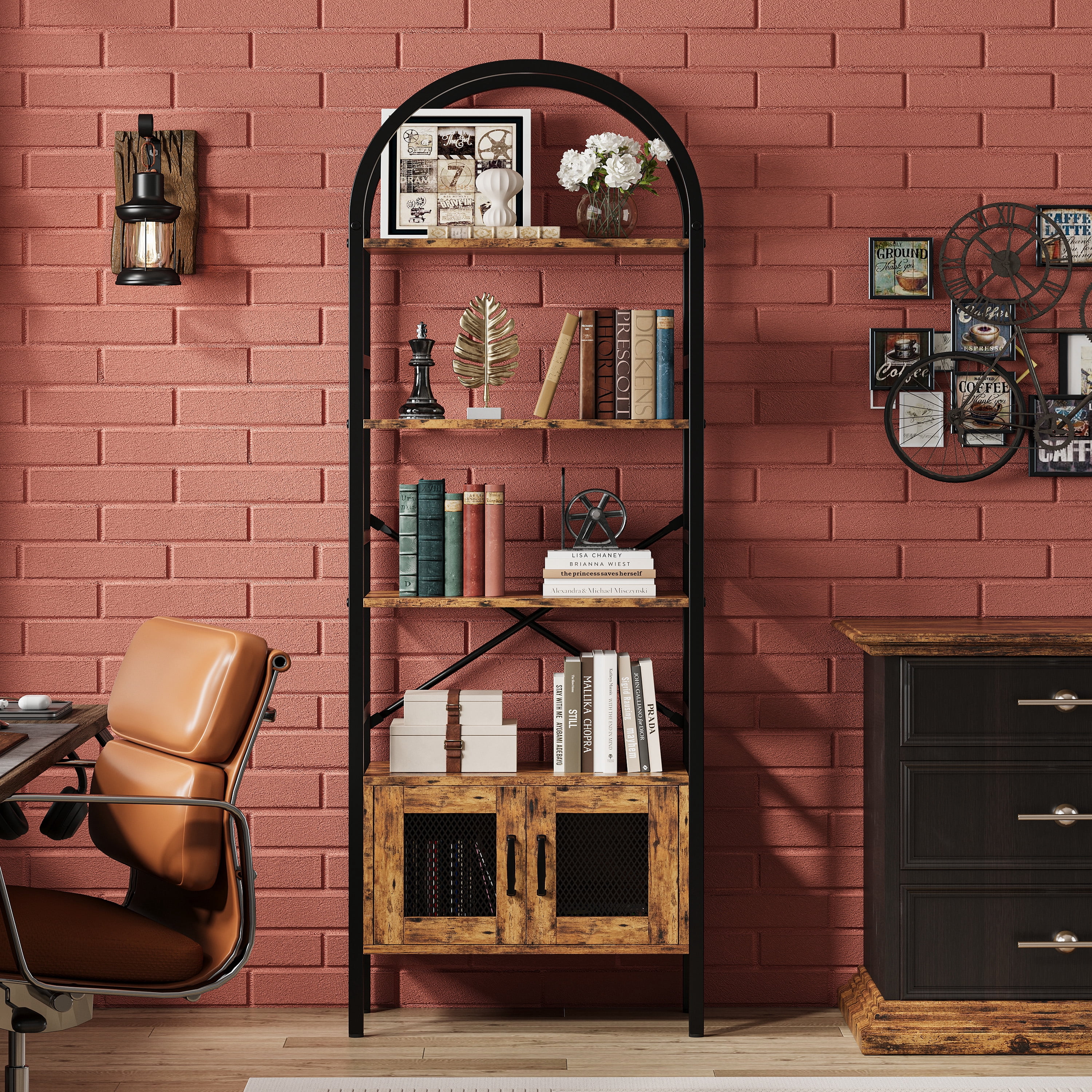 IRONCK 70.3" Tall Arched Bookshelf, 4-Tier Open Display Bookcases with Door Cabinet, Industrial Style Metal Storage Rack, Brown